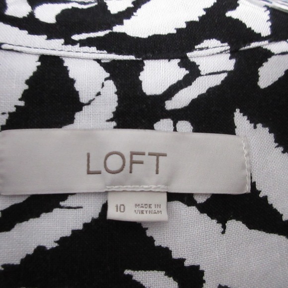 LOFT Shirt Dress 10 Black White Pineapple Belted Midi Linen Blend Coastal Button - Picture 4 of 10